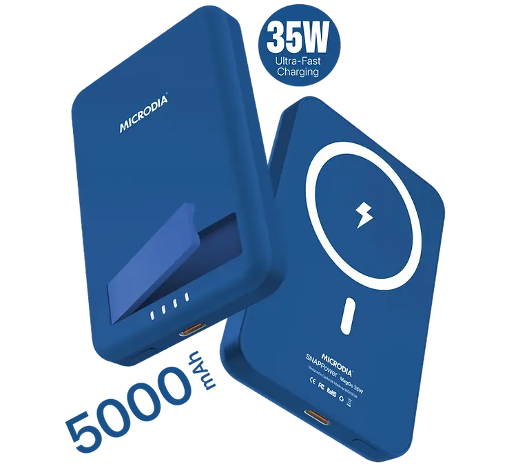 Беспроводной внешний аккумулятор MICRODIA SNAPPower™ MagGo 35 Вт, 5000 мА·ч с магнитным креплением, беспроводной выход 15 Вт + выход USB-C PD 20 Вт с подставкой