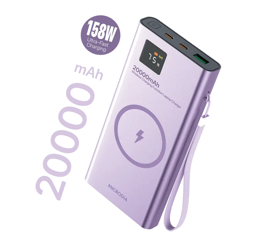Беспроводной внешний аккумулятор MICRODIA SNAPPower™ MagGo LCD 20000 мА·ч, 158 Вт, с магнитным креплением, беспроводной выходной мощностью 15 Вт + выход USB-C PD 65 Вт и 60 Вт + выход USB-A 18 Вт с ЖК-дисплеем
