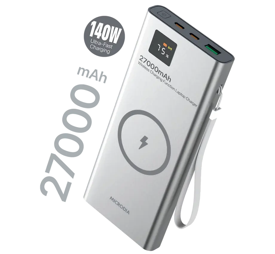 Беспроводной внешний аккумулятор MICRODIA SNAPPower™ MagGo LCD 27000 мА·ч, 140 Вт, с магнитным креплением, беспроводной выходной мощностью 15 Вт + выход USB-C PD 140 Вт и 30 Вт + выход USB-A 20 Вт с ЖК-дисплеем