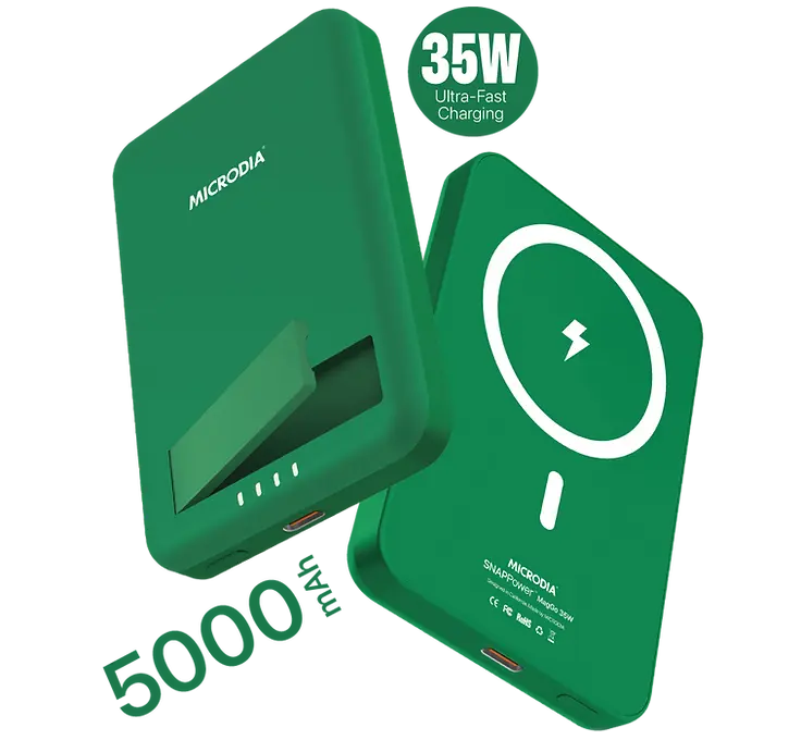 Беспроводной внешний аккумулятор MICRODIA SNAPPower™ MagGo 35 Вт, 5000 мА·ч с магнитным креплением, беспроводной выход 15 Вт + выход USB-C PD 20 Вт с подставкой