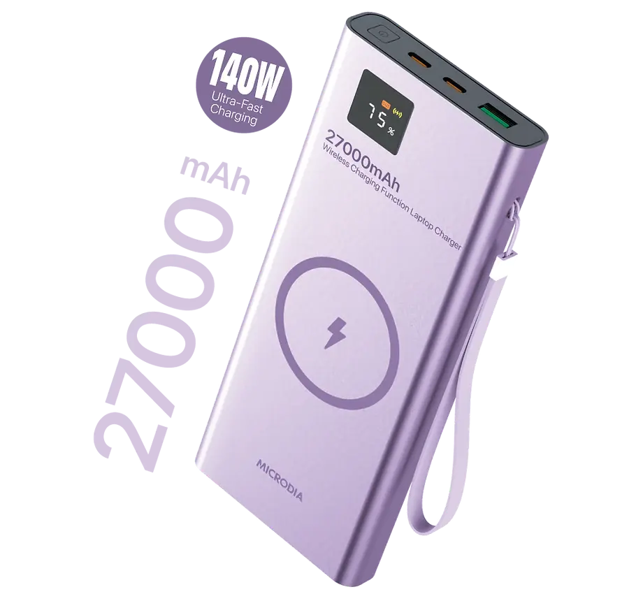 Беспроводной внешний аккумулятор MICRODIA SNAPPower™ MagGo LCD 27000 мА·ч, 140 Вт, с магнитным креплением, беспроводной выходной мощностью 15 Вт + выход USB-C PD 140 Вт и 30 Вт + выход USB-A 20 Вт с ЖК-дисплеем