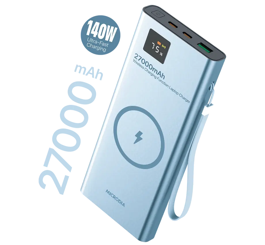 Беспроводной внешний аккумулятор MICRODIA SNAPPower™ MagGo LCD 27000 мА·ч, 140 Вт, с магнитным креплением, беспроводной выходной мощностью 15 Вт + выход USB-C PD 140 Вт и 30 Вт + выход USB-A 20 Вт с ЖК-дисплеем