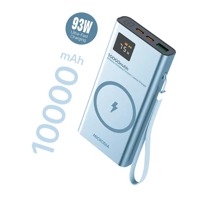 Беспроводной внешний аккумулятор MICRODIA SNAPPower™ MagGo LCD 10000 мА·ч, 93 Вт, с магнитным креплением, беспроводной выходной мощностью 15 Вт + двойной выход USB-C PD мощностью 30 Вт + выход USB-A мощностью 18 Вт с ЖК-дисплеем