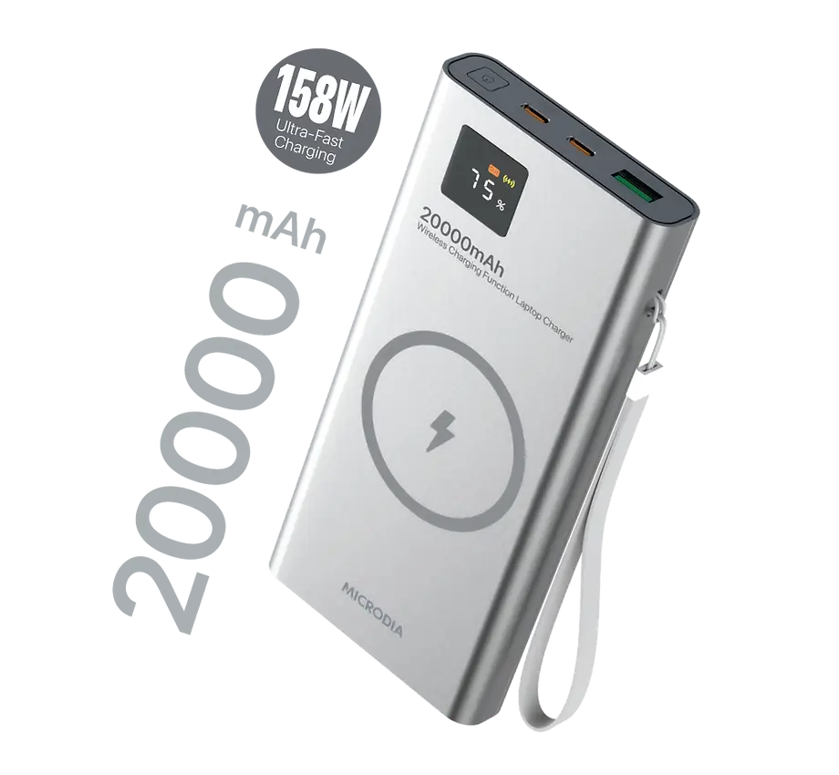 Беспроводной внешний аккумулятор MICRODIA SNAPPower™ MagGo LCD 20000 мА·ч, 158 Вт, с магнитным креплением, беспроводной выходной мощностью 15 Вт + выход USB-C PD 65 Вт и 60 Вт + выход USB-A 18 Вт с ЖК-дисплеем