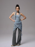 Blue-Gray Striped Two-Way Beaded Swing Collar Tank Top