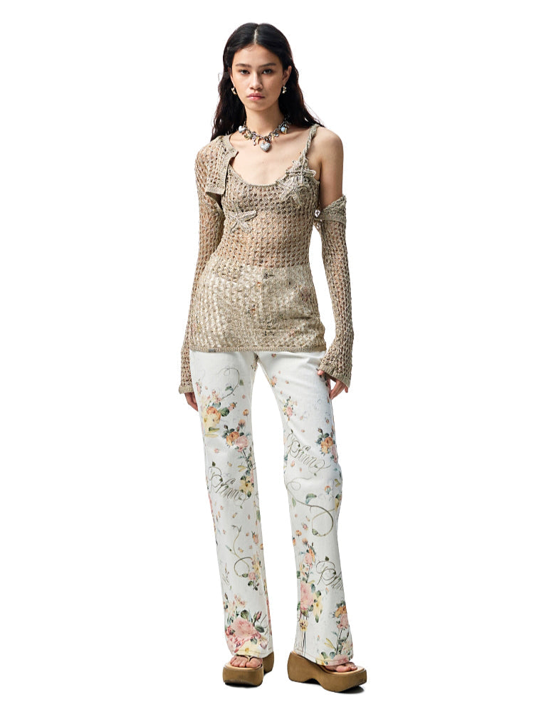 Hollow-Out Knitted Cropped Long-Sleeve Cover-Up
