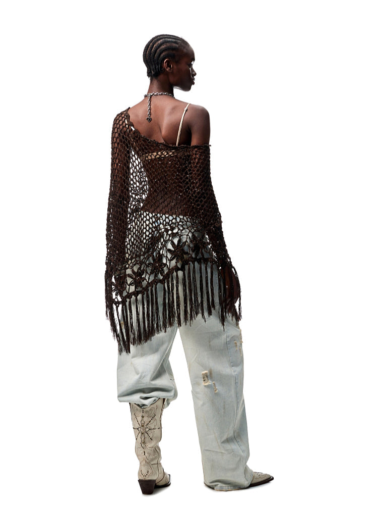 Hollow Out One-Piece Fringed Knit Shrug