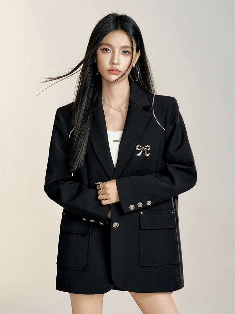 Black & Khaki Suit Collar Bow-tie Blazer