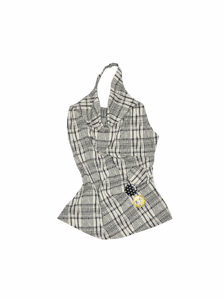 Plaid Halter Neck Backless Tank Top & Midi Skirt Set
