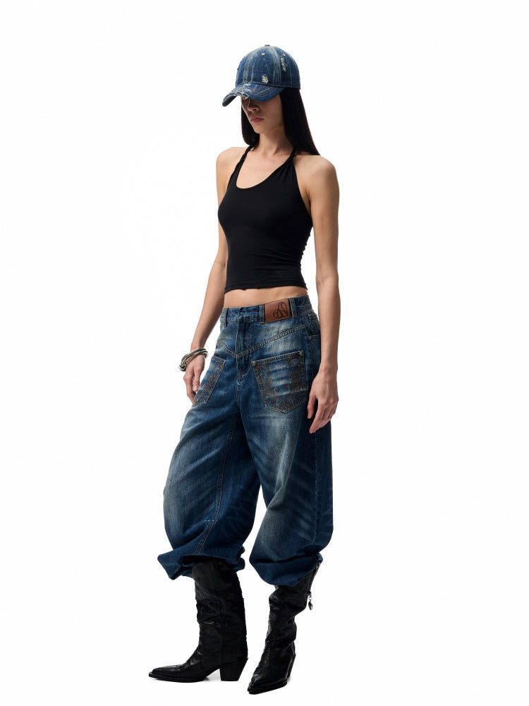 Slanted U-Neck Knot Embroidery Vest