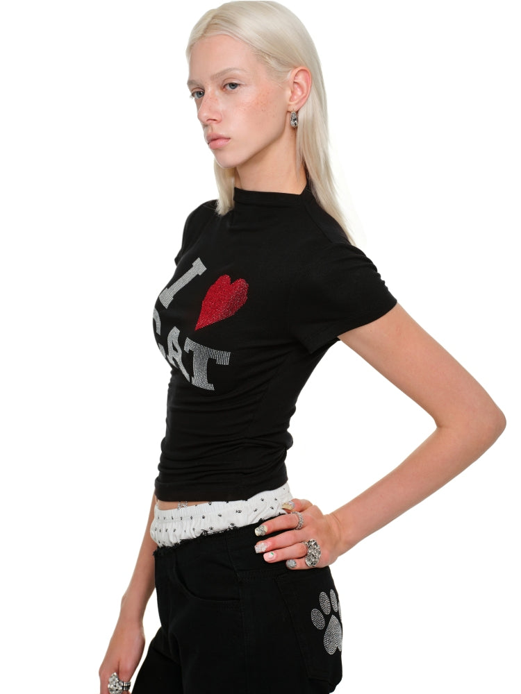"I ? CAT" Rhinestone Fitted T-shirt