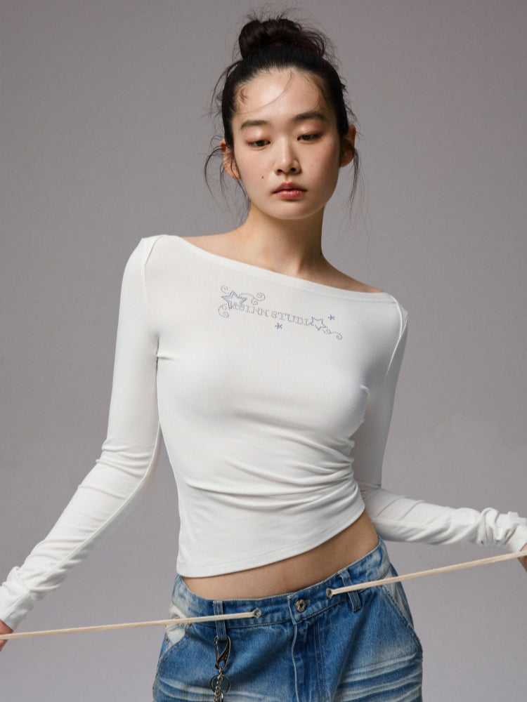 Rhinestone One-Shoulder Long-Sleeve T-Shirt