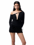 Beaded Cowl Neck Off-shoulder Long-sleeve Tunic