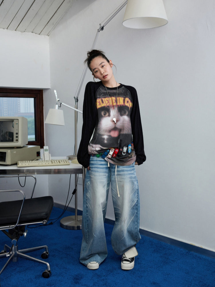 Printed Knitted Raglan-Sleeve T-Shirt