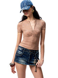 Floral Letter V-Neck Hidden Zip Hot-Fix T-Shirt
