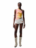 Slanted Shoulder Wrinkle-Printed Floral Vest