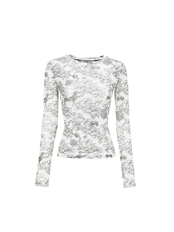 Black &?White Full-Print Mesh Top