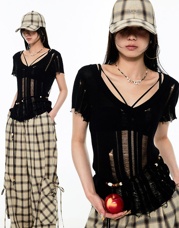 Distressed V-Neck Irregular Cover-Up Blouse