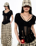 Distressed V-Neck Irregular Cover-Up Blouse