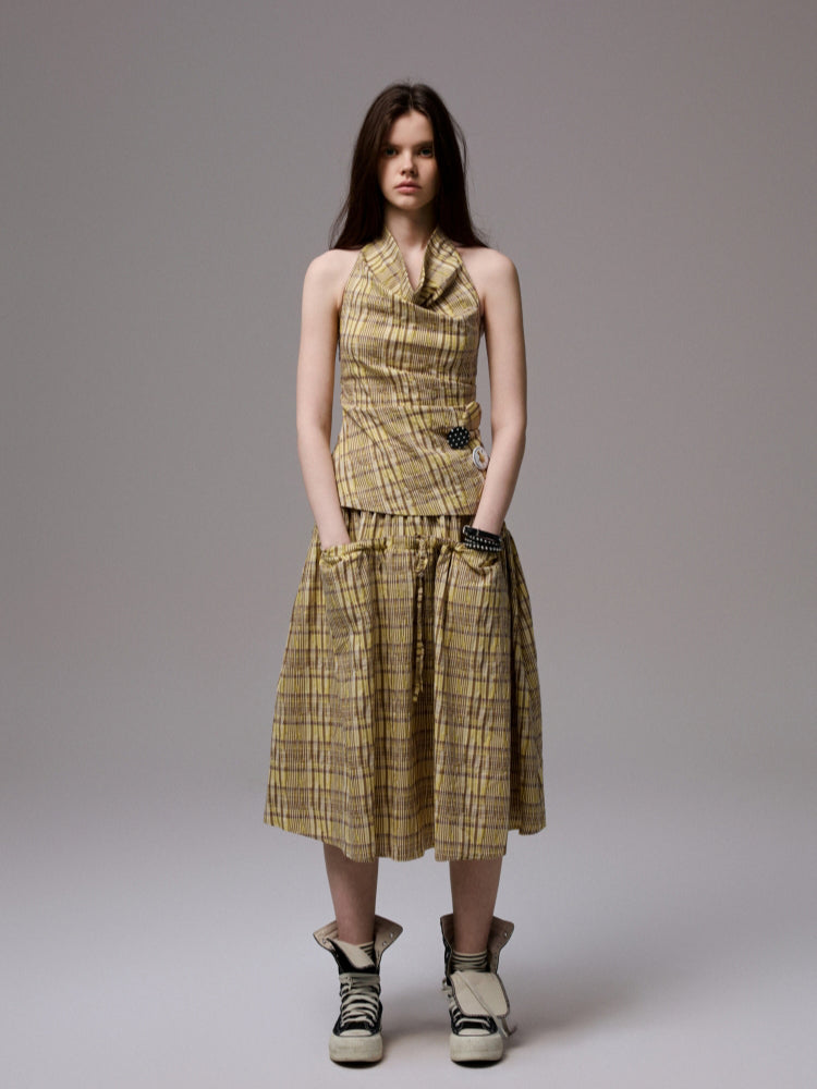 Plaid Halter Neck Backless Tank Top & Midi Skirt Set