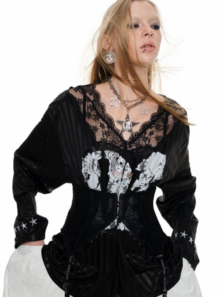 Black & White Lace-trimmed V-neck Satin Jersey