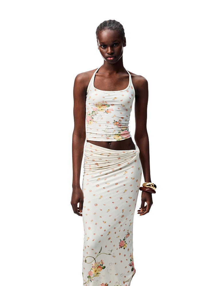 Floral All-Over Printed Big Round Neck Knotted Tank Top