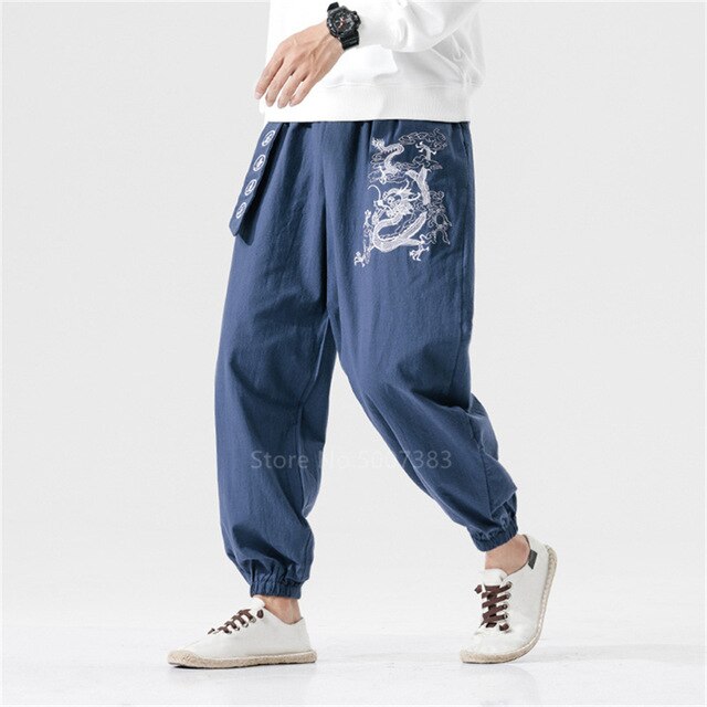 Chinese Style Traditional Clothing Pants for Men Fashion Oriental Japanese Kimono Casual Vintage Crane Embroidery Pants Trousers