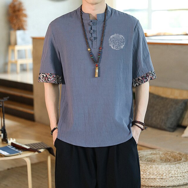 Cotton Linen Men T-Shirt Traditional Chinese Clothing Man Stand Collar Loose Blouse Male Kung Fu Casual Tee Harajuku Tops Shirts