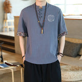 Cotton Linen Men T-Shirt Traditional Chinese Clothing Man Stand Collar Loose Blouse Male Kung Fu Casual Tee Harajuku Tops Shirts