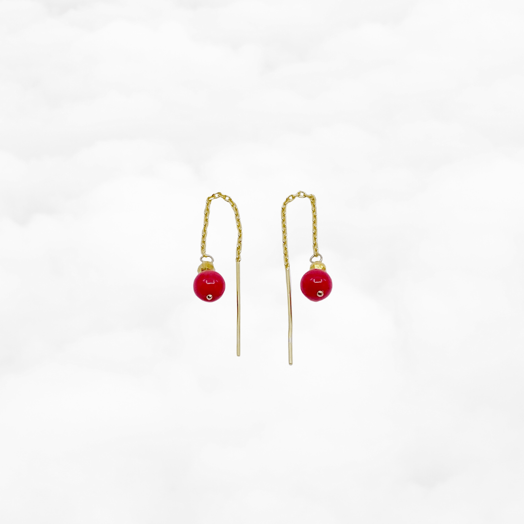 Gold Red Coral Thread Earrings